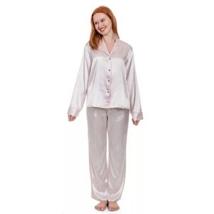 Lilac + London Satin Long Sleeve White and pink stripe Women's Top Pajama Size L